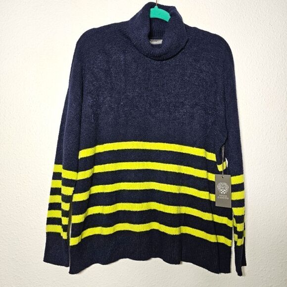 Vince Camuto medium ultra soft deak blue with yellowish stripes sweater top NWT - Picture 1 of 9